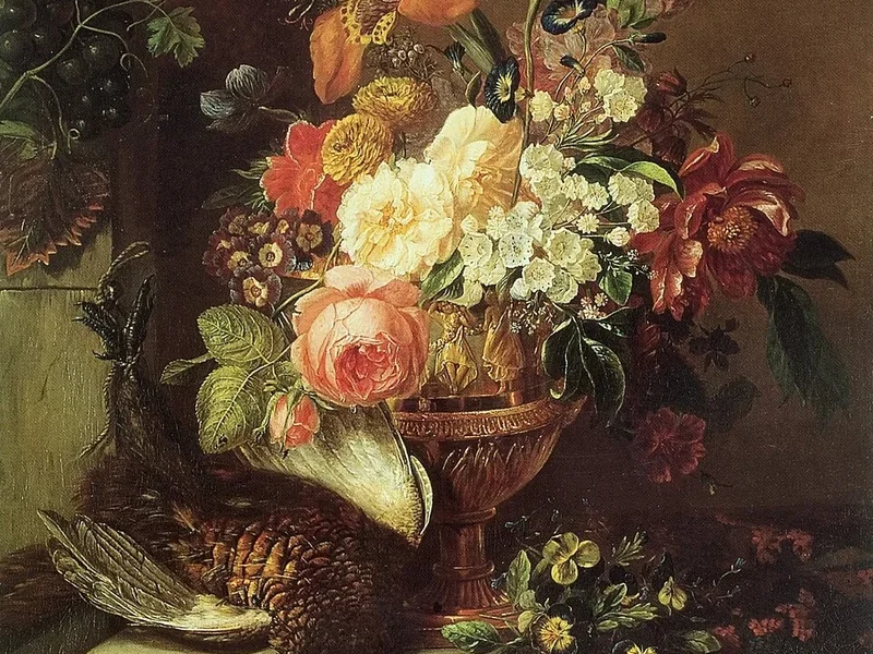 1804-Marianne Antoinette Meyer - Natura morta con fiori e fagiano